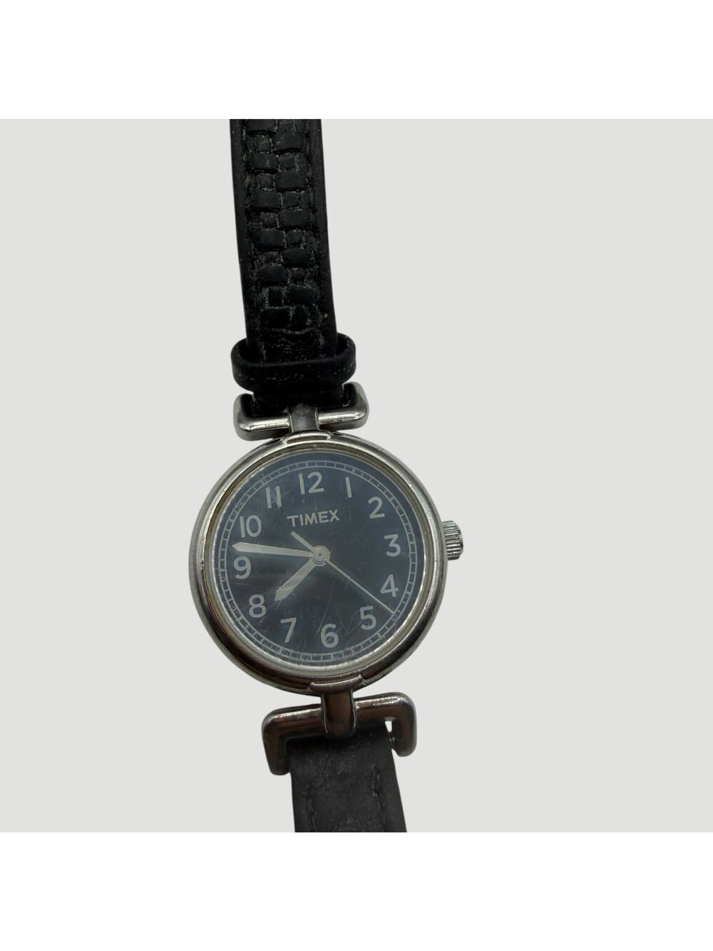 Timex Women's Black Leather Strap Watch Silver Tone Case Dark Blue Dial Quartz